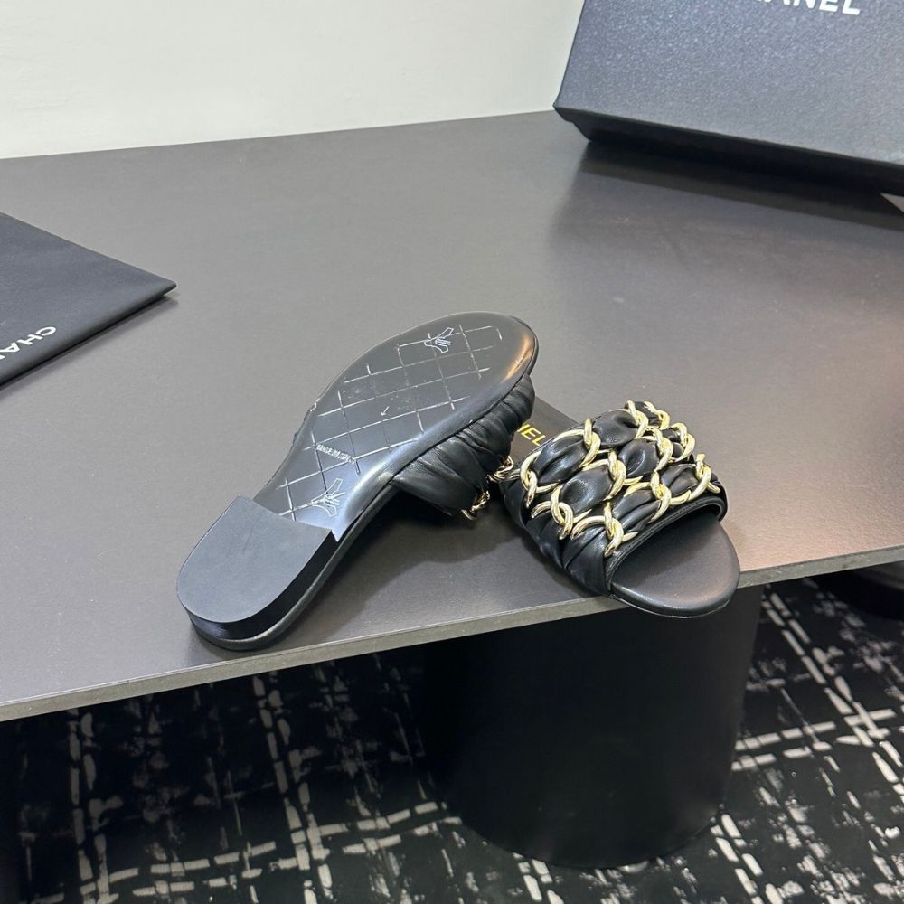 Chanel Slide Sandals Gold Chain Black