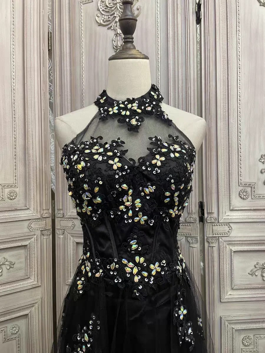 ✨Girlhomeshops-Black floral rhinestone long tulle prom evening gown party dress gh4984