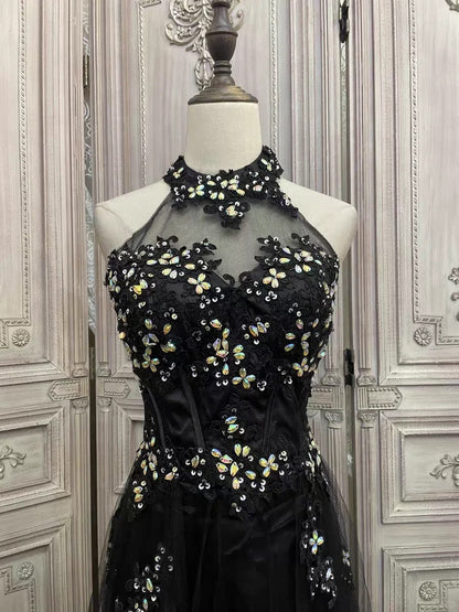 ✨Girlhomeshops-Black floral rhinestone long tulle prom evening gown party dress gh4984