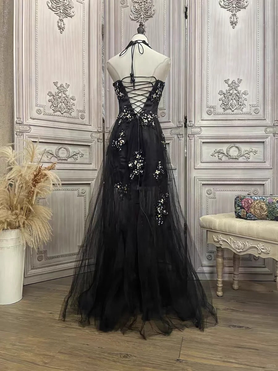 ✨Girlhomeshops-Black floral rhinestone long tulle prom evening gown party dress gh4984