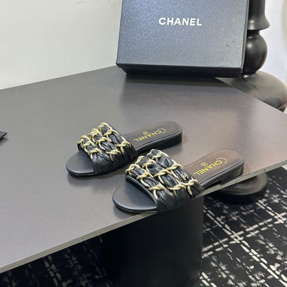 Chanel Slide Sandals Gold Chain Black