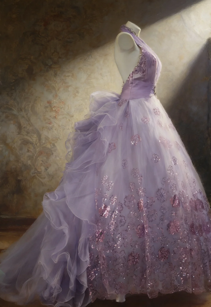 Princess Halter Ball Gown Lavender V Neck Tulle Flowers Sequin Long Birthday Quinceanera Dress Sweet 16 Dress SP1525