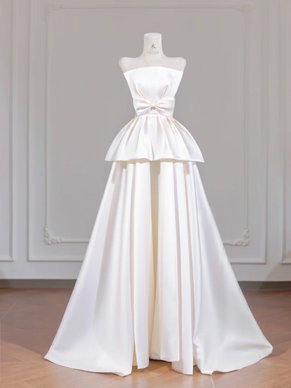 White satin strapless cinched waist ball gown with full skirt, long ball gown/bridal dress R8268