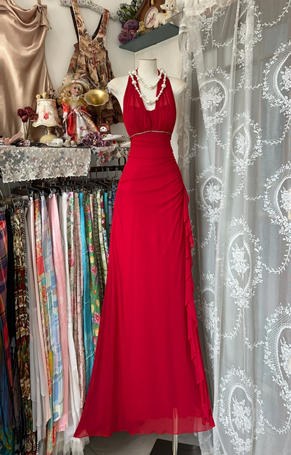 Red halter neck slim waist sexy A-line hip long skirt ball gown R6148