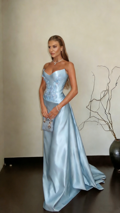 Gorgeous Strapless Blue Satin Appliques Mermaid Long Party Dress Prom Gowns SP1562