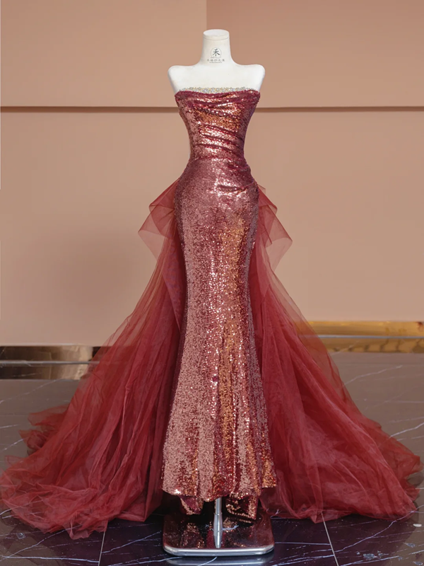 Red sequined strapless fitted waist bodycon long ball gown/bridal dress R8298