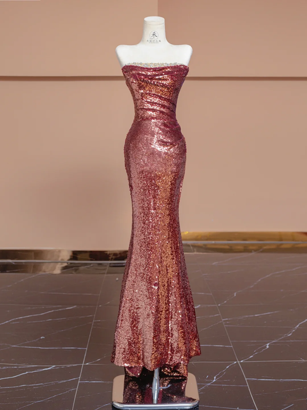 Red sequined strapless fitted waist bodycon long ball gown/bridal dress R8298