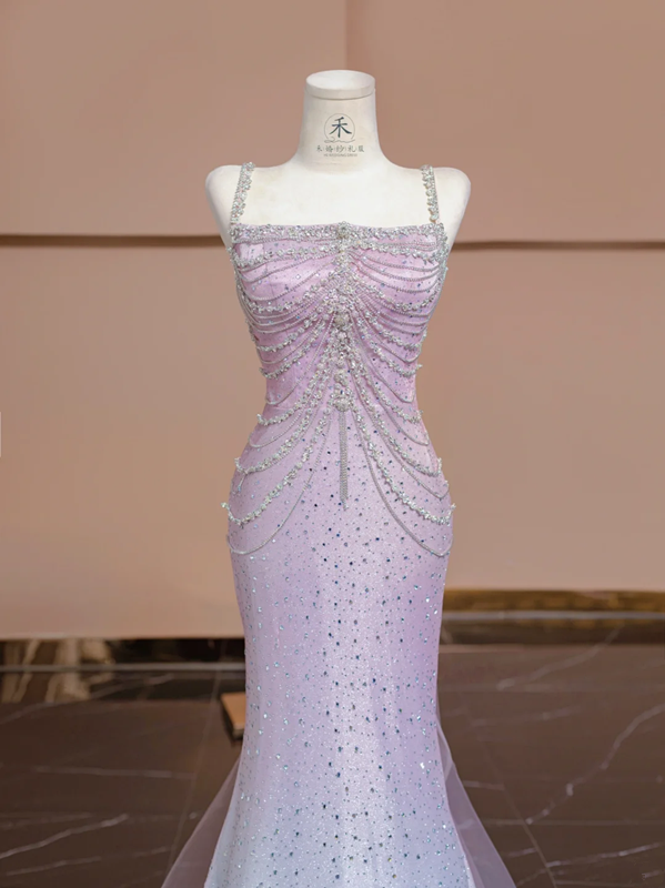 Light pink and blue gradient strapless waist-cinching bodycon sexy prom dress R8355