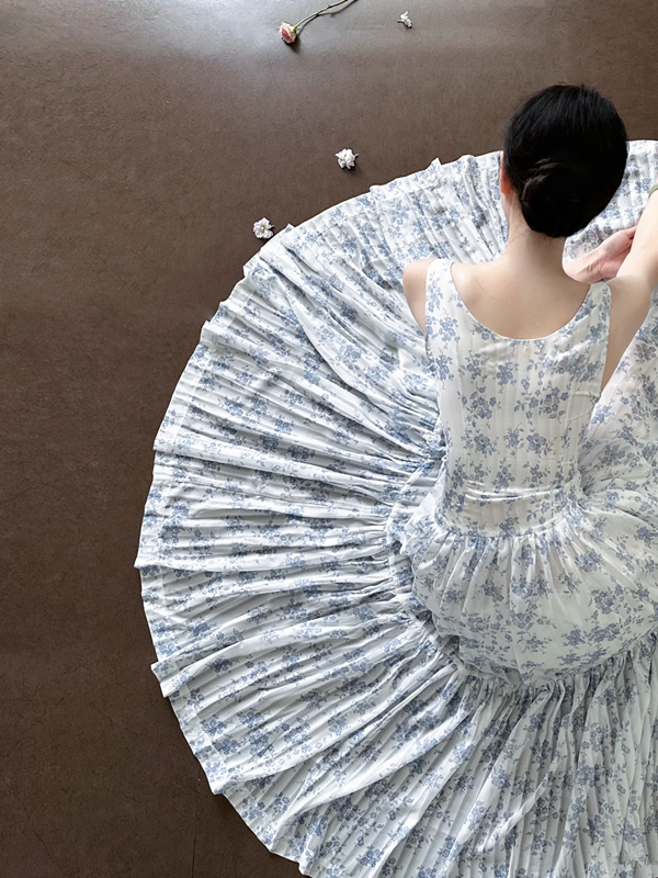 White spaghetti‑strap light blue floral print waist‑cinched slim‑fit long ball gown with a full skirt R8013