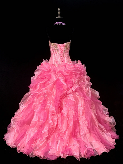 Pink strapless, fitted waist, full skirt, long ball gown R8695