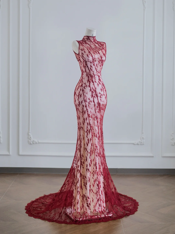 Red lace Chinese-style neckline, fitted waist, bodycon ball gown, bridal gown R8212