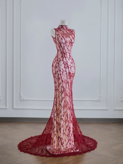 Red lace Chinese-style neckline, fitted waist, bodycon ball gown, bridal gown R8212