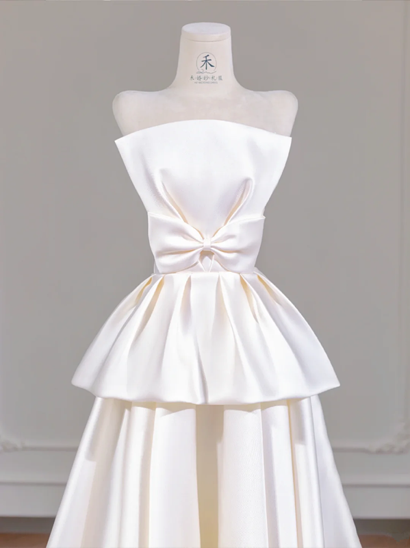 White satin strapless cinched waist ball gown with full skirt, long ball gown/bridal dress R8268