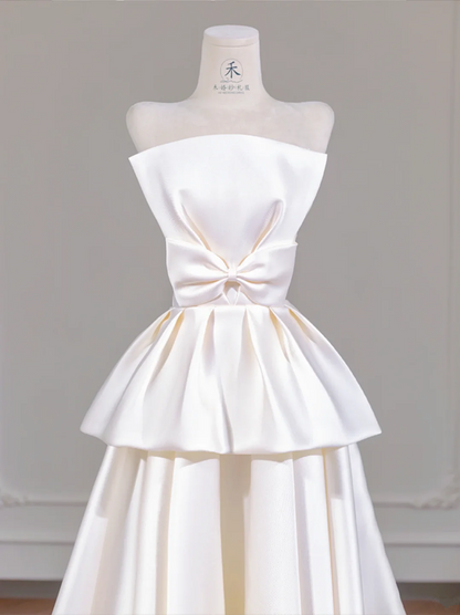 White satin strapless cinched waist ball gown with full skirt, long ball gown/bridal dress R8268