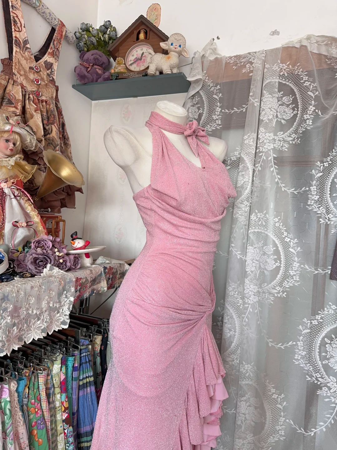 Light Pink Halter Fitted Waist High Split Formal Evening Prom Dress gh7211