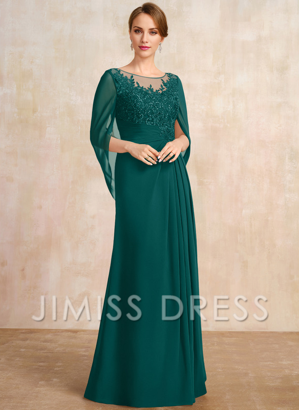 A-shaped Scoop Illusion floor lace chiffon with sequins and pleats, mother of the bride dress