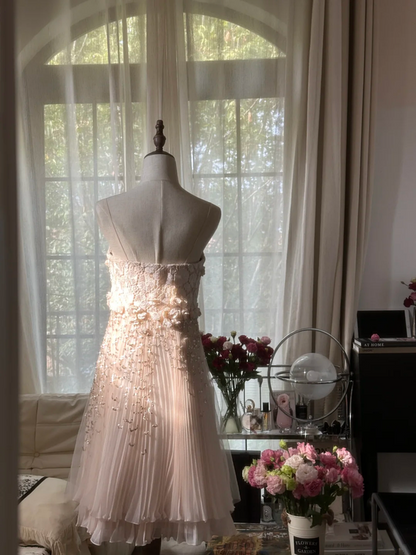 Light apricot pink halter-neck short ball gown R7743