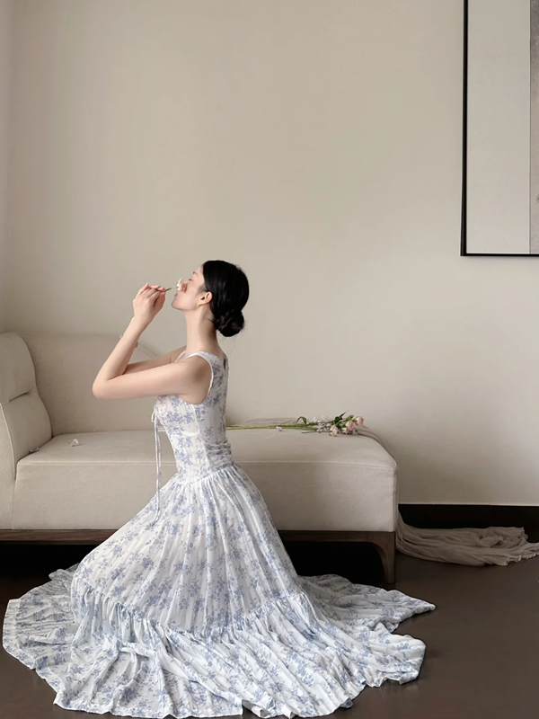 White spaghetti‑strap light blue floral print waist‑cinched slim‑fit long ball gown with a full skirt R8013