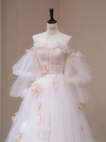 White Strapless One Shoulder Waist Floral Slim Fit A-Line Long Dress Bridal Gown R5714