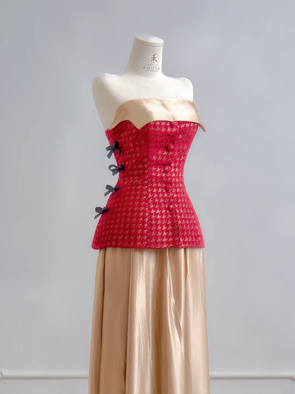 Red strapless fitted top with a gold midi skirt, long ball gown R8184
