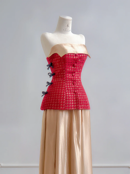 Red strapless fitted top with a gold midi skirt, long ball gown R8184