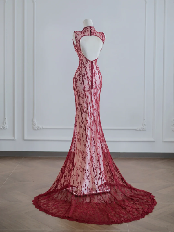 Red lace Chinese-style neckline, fitted waist, bodycon ball gown, bridal gown R8212