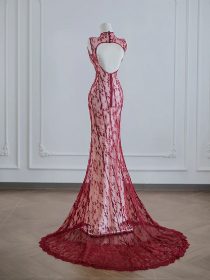 Red lace Chinese-style neckline, fitted waist, bodycon ball gown, bridal gown R8212