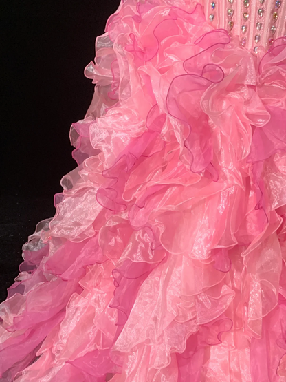 Pink strapless, fitted waist, full skirt, long ball gown R8695