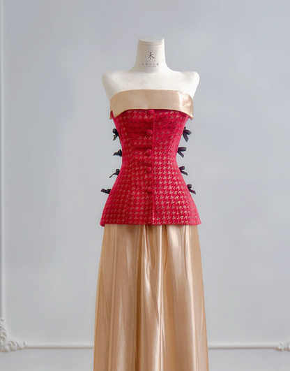Red strapless fitted top with a gold midi skirt, long ball gown R8184