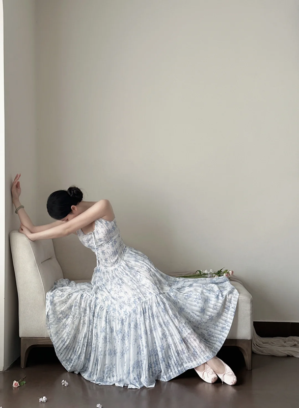 White spaghetti‑strap light blue floral print waist‑cinched slim‑fit long ball gown with a full skirt R8013