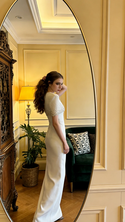 White shawl, sexy, fitted waist, bodycon long ball gown, bridal dress R8600