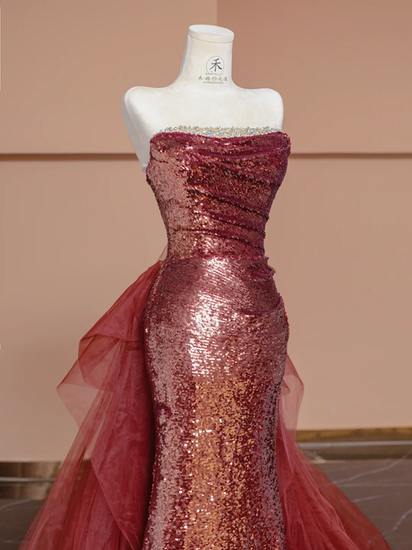 Red sequined strapless fitted waist bodycon long ball gown/bridal dress R8298