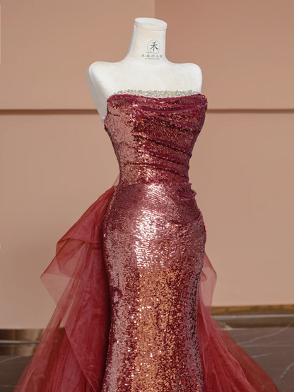 Red sequined strapless fitted waist bodycon long ball gown/bridal dress R8298