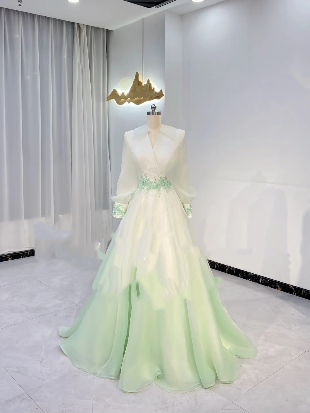 Light Green Gradient V-Neck Waist-Cinched Fitted Elegant Long Evening Dress, Fairy Gown, Romantic Gown gh7402