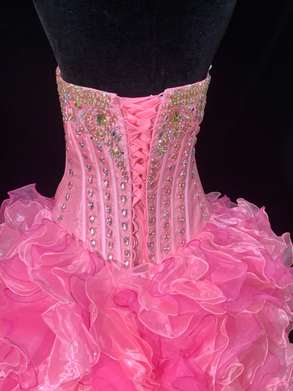 Pink strapless, fitted waist, full skirt, long ball gown R8695