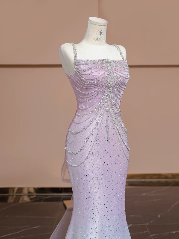 Light pink and blue gradient strapless waist-cinching bodycon sexy prom dress R8355