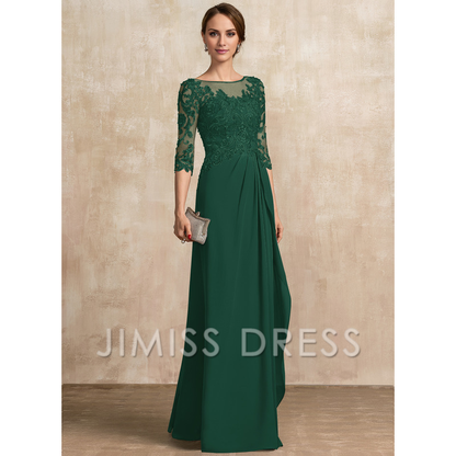 A-shaped Scoop Illusion floor mopping chiffon lace ribbon bead sequins layered ruffles mother of the bride dress