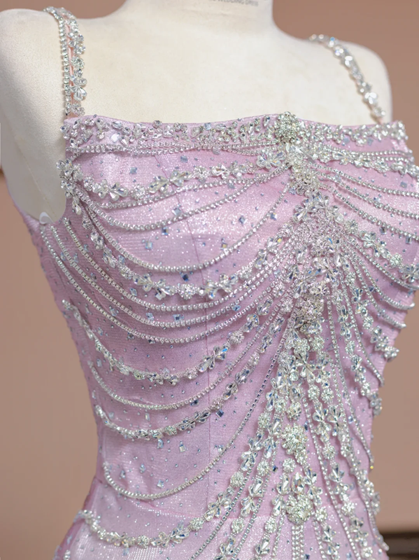 Light pink and blue gradient strapless waist-cinching bodycon sexy prom dress R8355