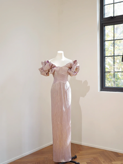 Light pink off-shoulder fitted long ball gown R8443