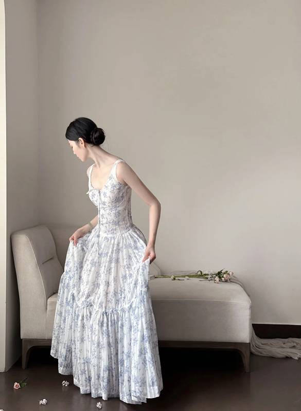 White spaghetti‑strap light blue floral print waist‑cinched slim‑fit long ball gown with a full skirt R8013