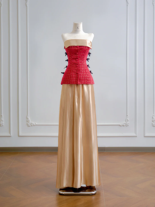 Red strapless fitted top with a gold midi skirt, long ball gown R8184