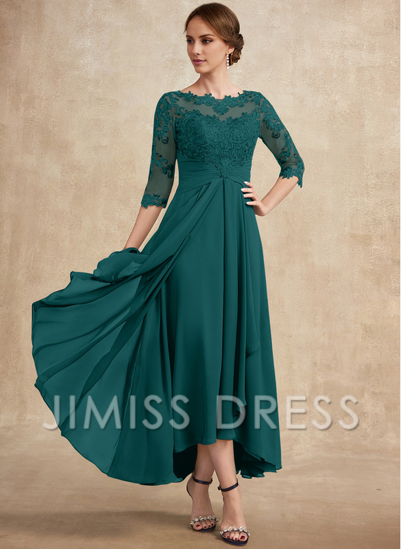 A-line hollow illusion asymmetrical lace chiffon belt with layered ruffles mother of the bride dress