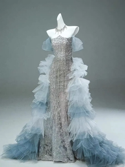 Silver Strapless Waist Slim Hip Long Dress Bridal Gown R5755