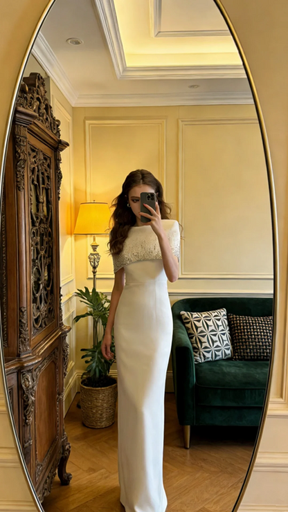 White shawl, sexy, fitted waist, bodycon long ball gown, bridal dress R8600