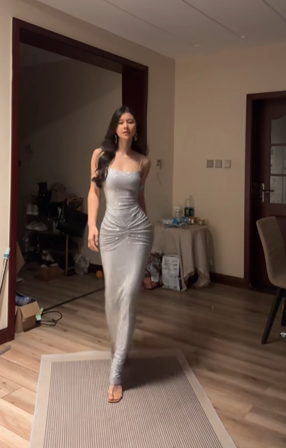 Light gray halter-neck fitted long sexy ball gown R7547