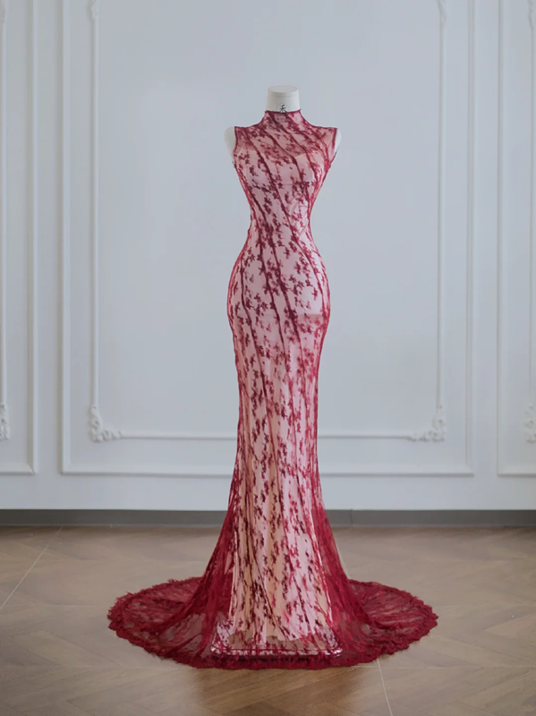 Red lace Chinese-style neckline, fitted waist, bodycon ball gown, bridal gown R8212