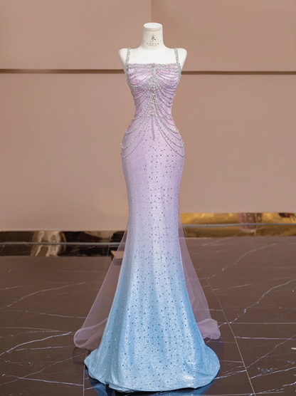 Light pink and blue gradient strapless waist-cinching bodycon sexy prom dress R8355