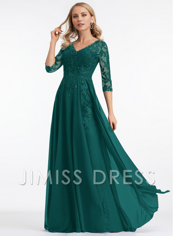 A-line V-neck floor mopping lace chiffon with sequins, mother of the bride dress