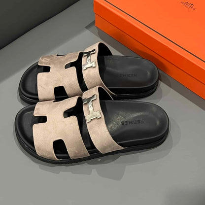 Hermes Chypre Sandal Suede H Logo Silver Hardware Light Brown
