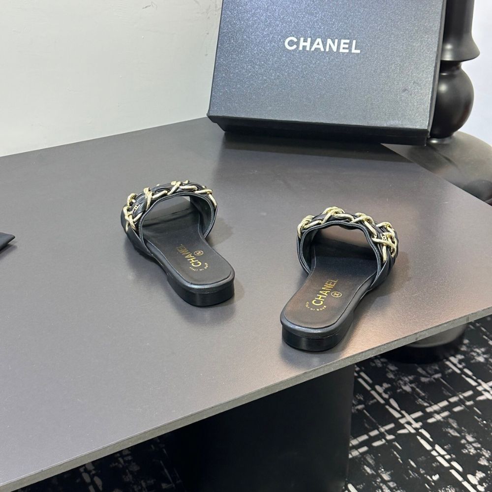 Chanel Slide Sandals Gold Chain Black